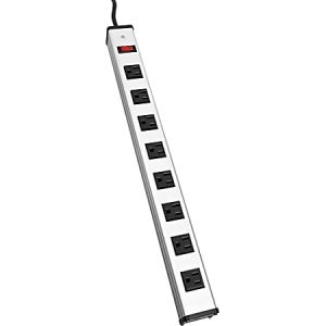 Eight-outlet power strip with a black cord and red power switch, shown vertically on a white background.
