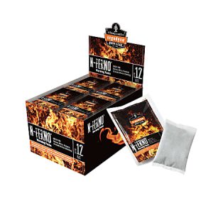 Box of N-Ferno warming packs with one pack displayed outside, featuring flame design and labeled '12 packs'.