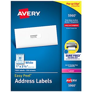 Avery Easy Peel Address Labels 5960, 1"x2-5/8", 7500 Labels, 250 Sheets, for Laser Printers, white, with Sure Feed Technology.