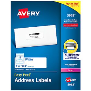 Avery Easy Peel Address Labels in blue packaging, featuring 1 1/3" x 4" size, 3500 labels total, with Sure Feed Technology.