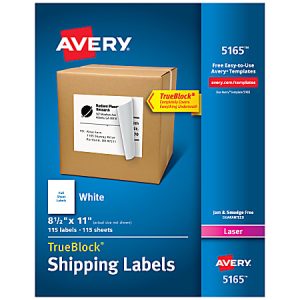 Avery TrueBlock Shipping Labels, 8.5x11 inches, 115 sheets, laser printer compatible, for full sheet labeling.