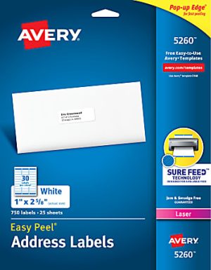 Avery 5260 Easy Peel address labels pack, featuring 750 white labels, 1" x 2 5/8", laser compatible with Sure Feed technology.