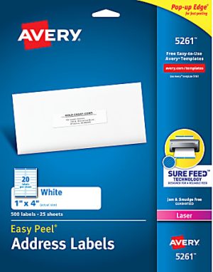 Avery Easy Peel Address Labels with Sure Feed Technology, 20 per sheet, white, for laser printers, 500 labels total.