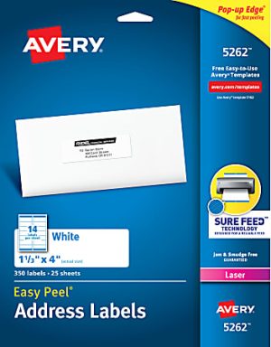 Avery 5262 Easy Peel Address Labels box, 350 labels, 1 1/3" x 4", White, laser compatible, featuring Sure Feed technology.