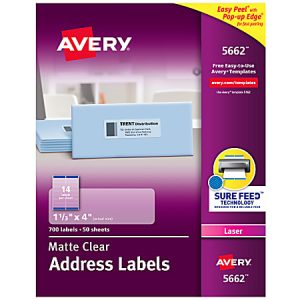 Avery 5662 matte clear address labels, 1-1/3" x 4", 700 labels, laser, easy peel, sure feed technology, 50 sheets.