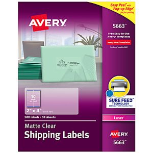 Avery Matte Shipping Labels With Sure Feed Technology, 5663, Rectangle, 2" x 4", Clear, Pack Of 500