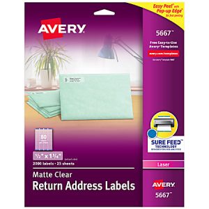 Avery matte clear return address labels package for laser printers, featuring Easy Peel and Sure Feed technology, 2000 labels.