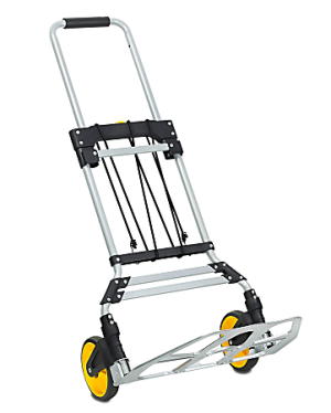 Foldable hand truck with a metal frame, black handles, and yellow wheels, designed for transporting heavy items.