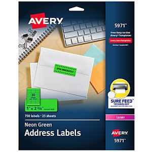 Avery 5971 neon green address labels package, 1" x 2-5/8", 750 labels, for laser printers with Sure Feed Technology.