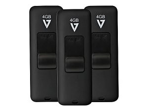 Three black 4GB USB flash drives with a sliding mechanism, arranged vertically side by side.