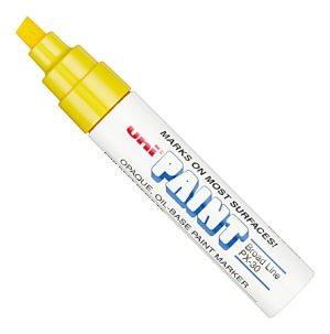 Yellow tip Uni Paint marker, oil-based, suitable for most surfaces, labeled with "Broad Line PX-30.