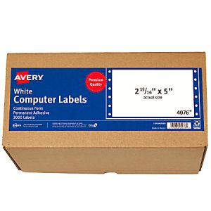Avery box of white computer labels, 2 15/16" x 5", permanent adhesive, 3000 labels, continuous form.
