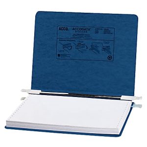 Blue ACCO pressboard binder with open cover, showing white perforated paper inside, bound by metal fasteners.