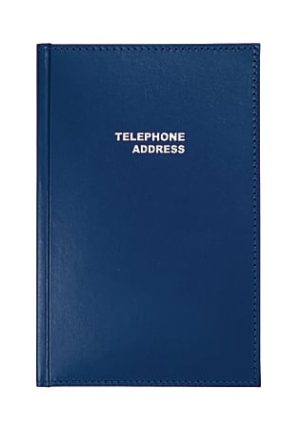 Blue leather telephone address book with white embossed text on the cover.