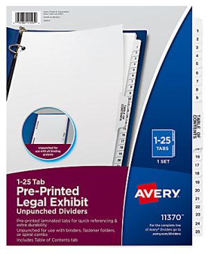 Avery Premium Collated Legal Dividers Avery Style, Side-Tab, 1-25 & Table Of Contents, 8-1/2" x 11"