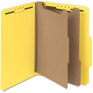 Smead Pressboard Colored Classification Folders, 2 Fasteners, 2 Dividers, Letter Size, 2" Expansion, 2/5 Tab Cut, 100% Recycled, Yellow, Box Of 10