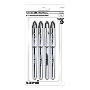 uni-ball Vision Elite Liquid Ink Rollerball Pens, Bold Point, 0.8 mm, White Barrel, Black Ink, Pack Of 4
