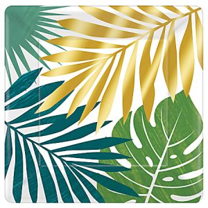 Amscan Key West Palm Leaf Square Metallic Paper Dinner Plates, 10" x 10", Green, 8 Plates Per Pack, Set Of 3 Packs