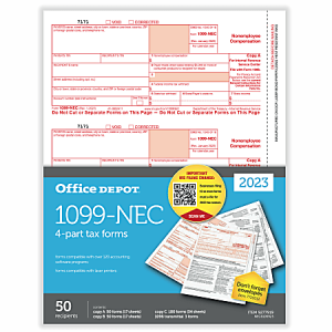 Office Depot Brand 1099-NEC Laser Tax Forms, 4-Part, 3-Up, 8-1/2" x 11", Pack Of 50 Form Sets