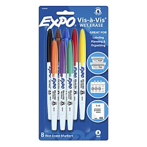 EXPO Vis-A-Vis Wet-Erase Fine-Tip Markers, Assorted Colors, Pack Of 8