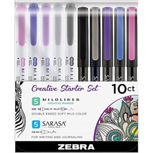 Zebra Sarasa/Mildliner 10-Piece Creative Starter Set, Chisel/Bullet Point, Needle Point, White Barrels, Assorted Ink Colors