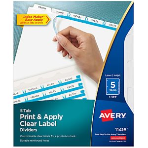 Avery Customizable Index Maker Dividers For 3 Ring Binder, Easy Print & Apply Clear Label Strip, 5 Tab, White, 1 Set