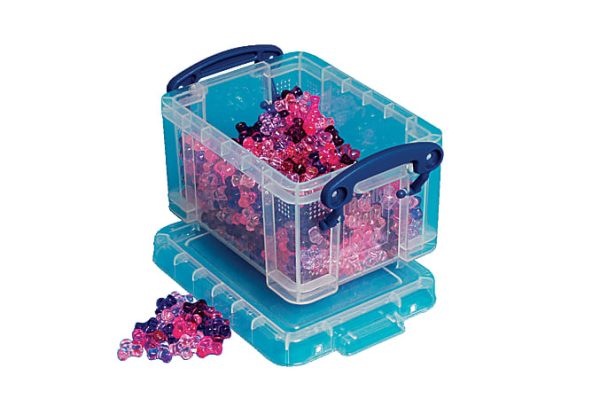 Really Useful Box Plastic Storage Container With Built-In Handles And Snap Lid, 0.3 Liter, 4 3/4" x 3 1/4" x 2 1/2", Blue