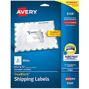 Avery TrueBlock Shipping Labels With Sure Feed Technology, 8168, Rectangle, 3-1/2" x 5", White, Pack Of 100
