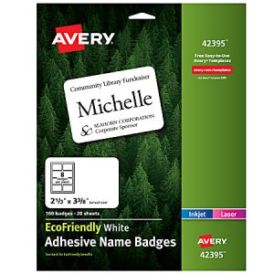 Avery EcoFriendly 100% Recycled Name Badges, 2 1/3" x 3 3/8", White, Pack Of 160