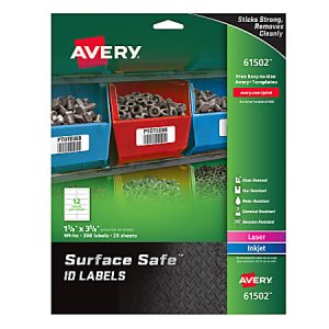 Avery Water Resistant Surface Safe ID Labels, 61502, Rectangle, 1-5/8" x 3-5/8", White, Pack Of 300