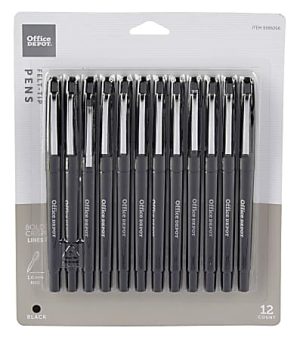 Office Depot Brand Felt-Tip Porous Pens, Medium Point, 1.0 mm, Black Barrels, Black Ink, Pack Of 12 Pens