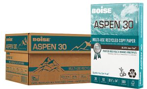 Boise® ASPEN® 30 Multi-Use Printer & Copier Paper, Legal Size (8 1/2" x 14"), 5000 Total Sheets, 92 (U.S.) Brightness, 20 Lb, 30% Recycled, FSC® Certified, White, 500 Sheets Per Ream, Case Of 10 Reams