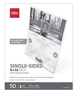Office Depot Brand Single-Sided Self-Sealing Laminating Sheets, 9" x 12", 3 Mil, Clear, Pack Of 50 Sheets