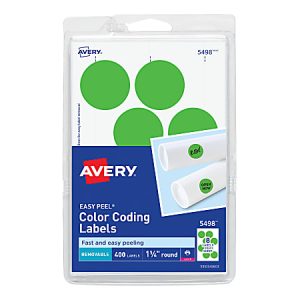 Avery Removable Print Or Write Color Coding Labels For Laser Printers, 5498, Round, 1-1/4" Diameter, Neon Green, Pack Of 400