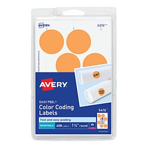 Avery Removable Color-Coding Labels, Removable Adhesive, 5476, Round, 1-1/4" Diameter, Neon Orange, Pack Of 400 Labels