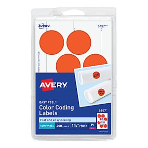 Avery Removable Print Or Write Color Coding Labels For Laser Printers, 5497, Round, 1-1/4" Diameter, Neon Red, Pack Of 400 Labels