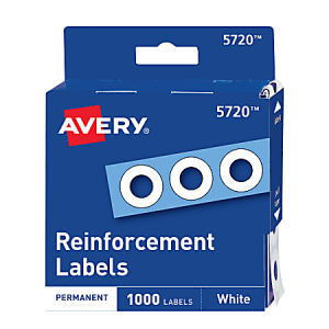 Avery Permanent Self-Adhesive Hole Punch Reinforcement Labels, 1/4" Diameter, White, Pack Of 1,000