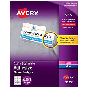 Avery Flexible Name Badge Labels, 5395, 2 1/3" x 3 3/8", White, Box Of 400