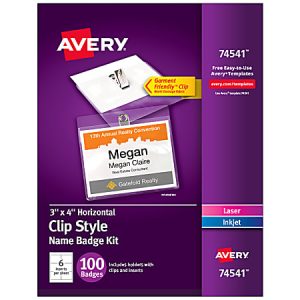 Avery Customizable Name Badges With Clips, Rectangle, 74541, 3" x 4", Clear Holders With White Inserts, 100 Badges