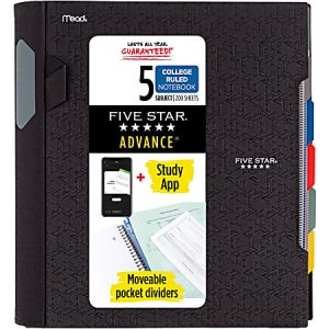 Five Star Advance Wirebound Notebook, 8-1/2" x 11-3/4", 5 Subject, College Ruled, 200 Pages (100 Sheets), Assorted Colors