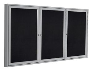 Ghent 3-Door Enclosed Rubber Bulletin Board, 48" x 96", 90% Recycled, Black Satin Aluminum Frame