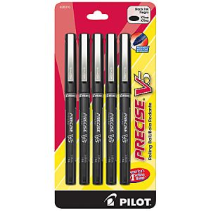 Pilot Precise V5 Liquid Ink Rollerball Pens, Extra Fine Point, 0.5 mm, Black Barrel, Black Ink, Pack Of 5