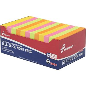 SKILCRAFT Self-Stick Note Pads, 2" x 3", Assorted Neon, 100 Sheets Per Pad, Pack Of 12 Pads (AbilityOne 7530-01-393-0103)