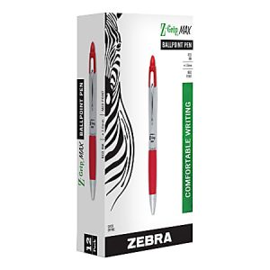 Zebra Z-Grip Max Retractable Ballpoint Pens, Medium Point, 1.0 mm, Gray Barrel, Red Ink, Pack Of 12 Pens