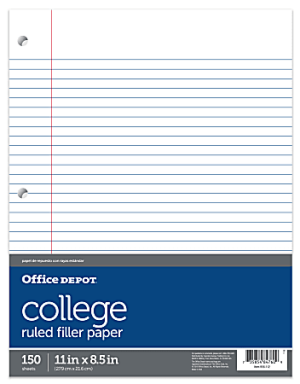 Office Depot Brand Notebook Filler Paper, College-Ruled, 8 1/2" x 11", 3-Hole Punched, White, Pack Of 150 Sheets