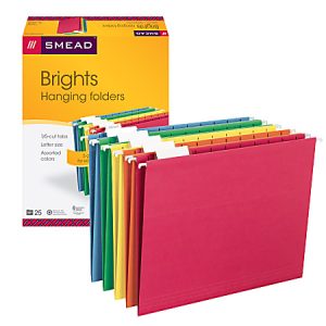 Smead Hanging File Folders, 1/5-Cut Tab, Letter Size, Assorted Primary Colors, Box Of 25