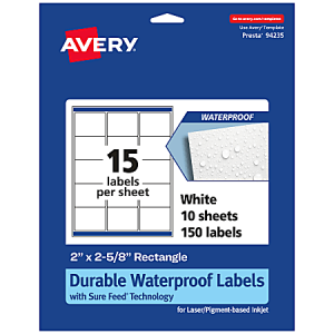 Avery Waterproof Permanent Labels With Sure Feed, 94235-WMF10, Rectangle, 2" x 2-5/8", White, Pack Of 150