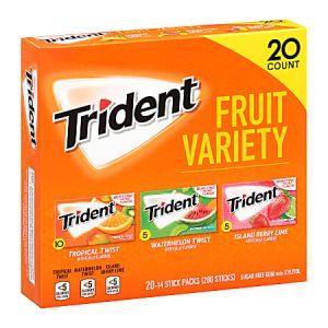 Trident Sugar-Free Gum, Fruit, 14 Pieces Per Pack, Case Of 20 Packs