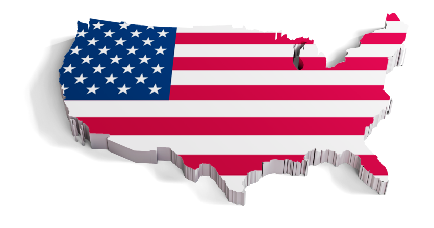 3D USA map shape in American flag design, featuring stars and stripes, viewed from a slight angle.