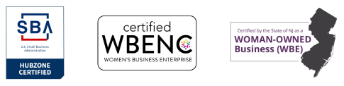 Logos for SBA HUBZone, WBENC Women's Business Enterprise, and NJ Certified Woman-Owned Business (WBE).
